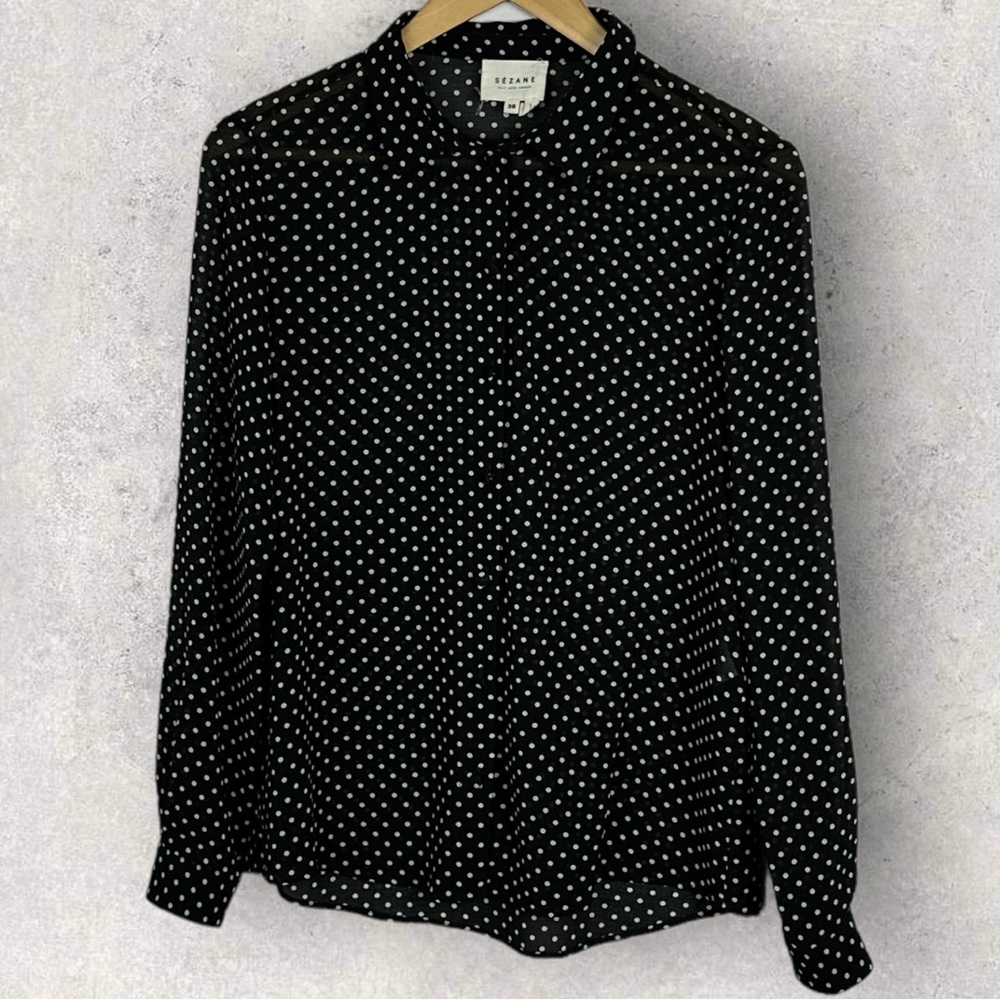 Sezane Black Tomboy Shirt Sheer Blouse Size 36 French‎ US 4 Polka Dot Collared